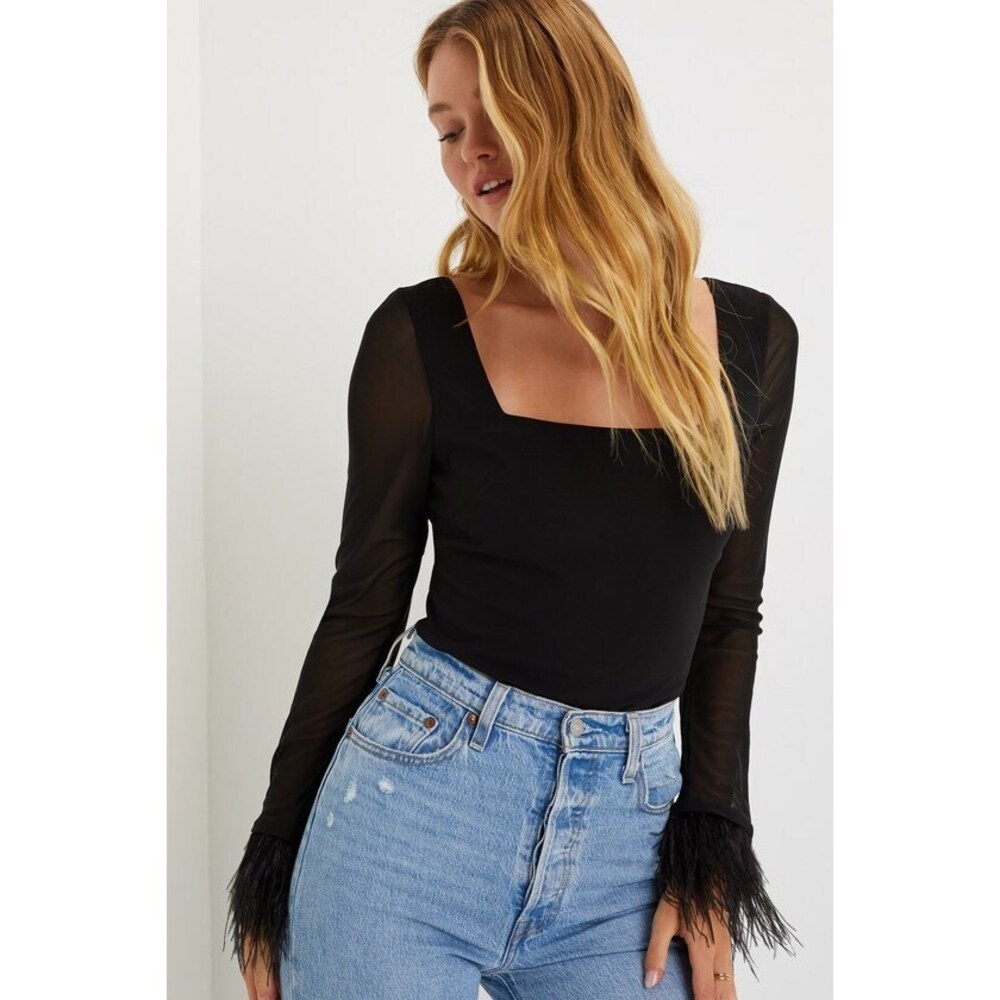 Lulus Effortlessly Luxe Black Feather Long Sleeve Bodysuit - Size S